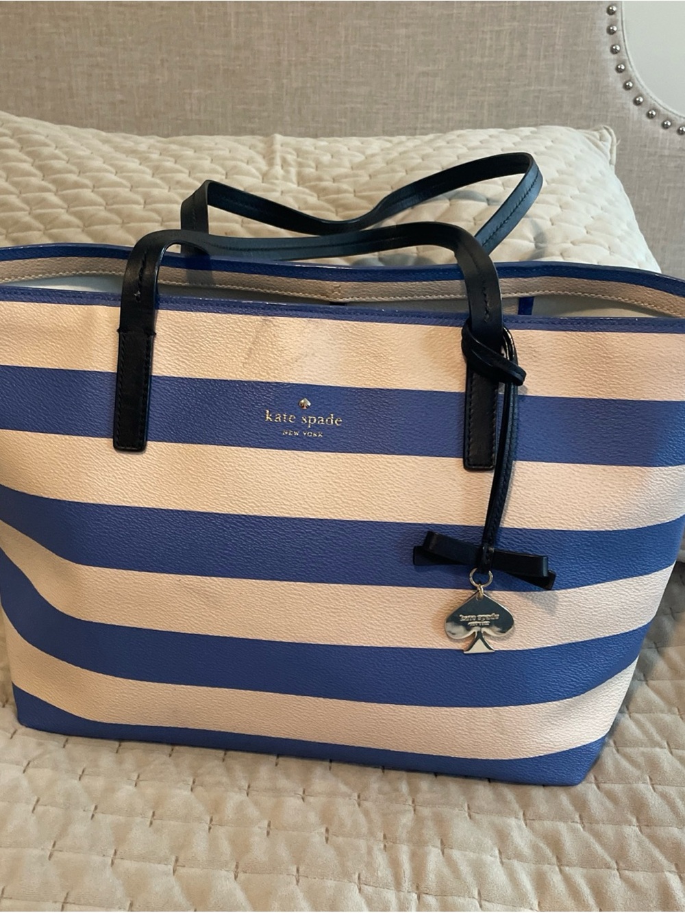 kate spade Blue and White Stripe Tote with Black Handles